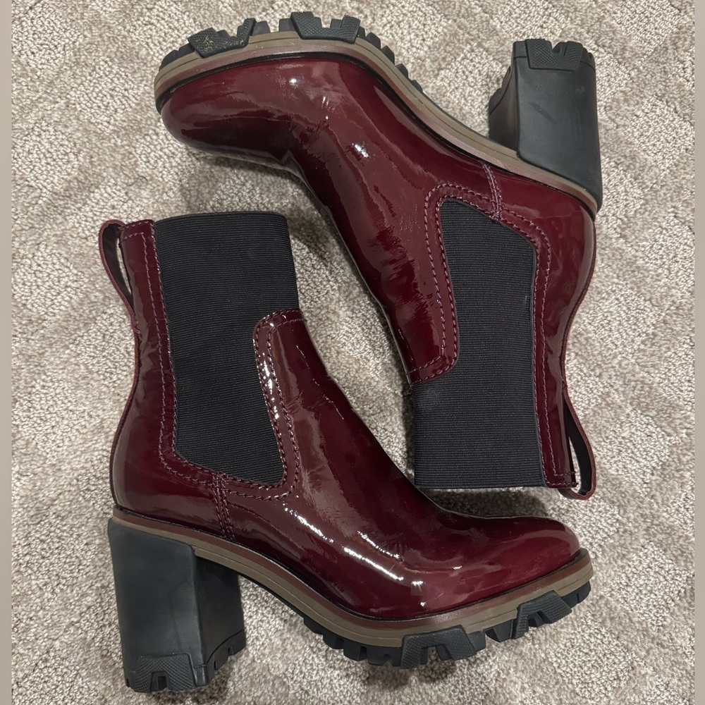 Rag & Bone Shiloh Maroon Red Patent Leather Lug Sole Boots